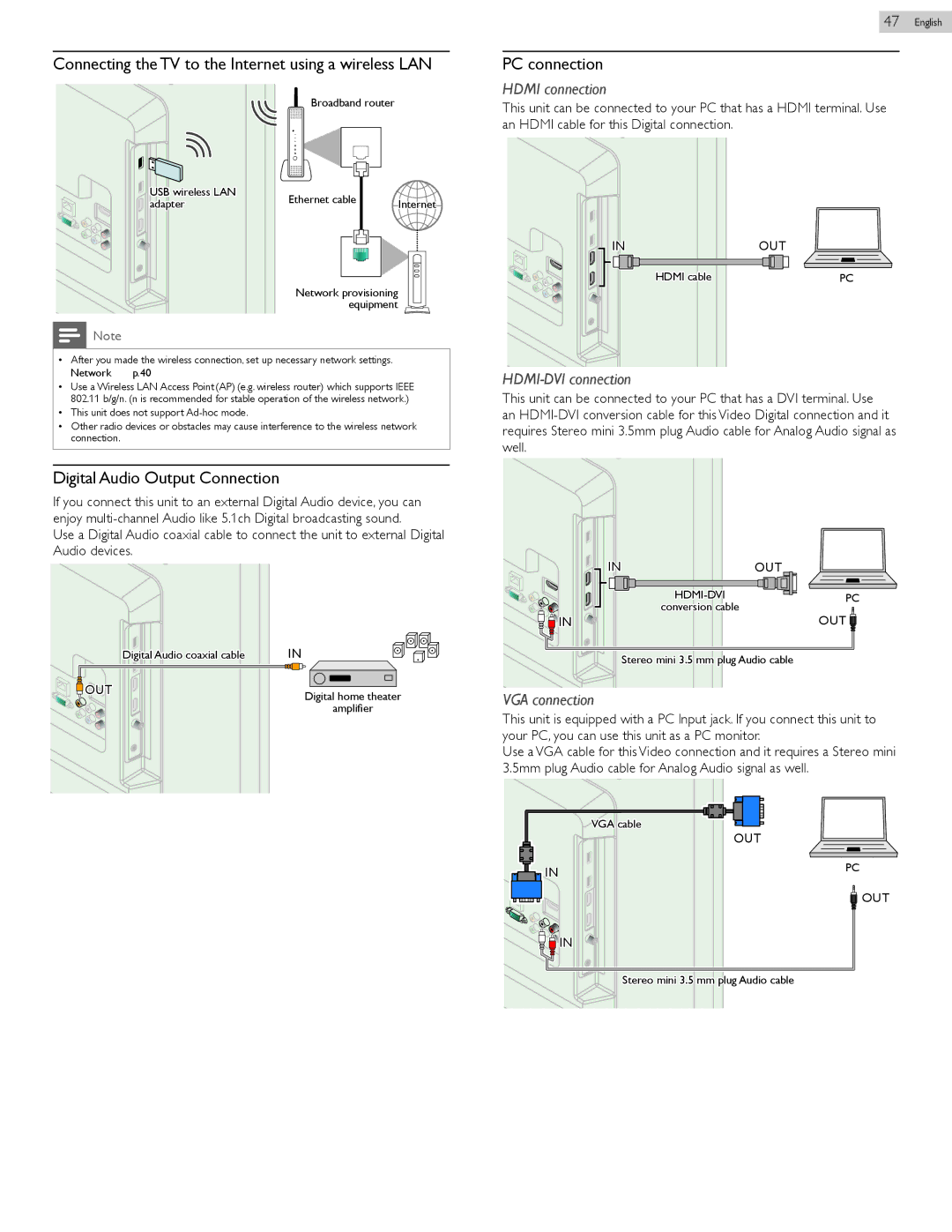 Philips 32PFL4907 Connecting the TV to the Internet using a wireless LAN, Digital Audio Output Connection, PC connection 