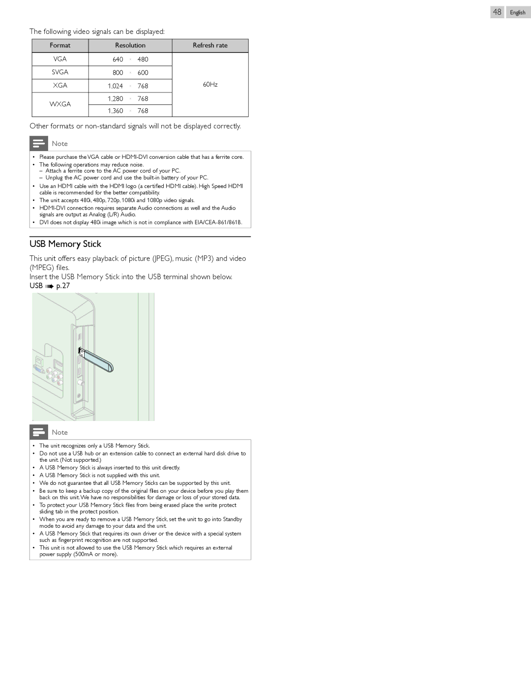 Philips 22PFL4907, 26PFL4907, 32PFL4907 user manual USB Memory Stick, Following video signals can be displayed 