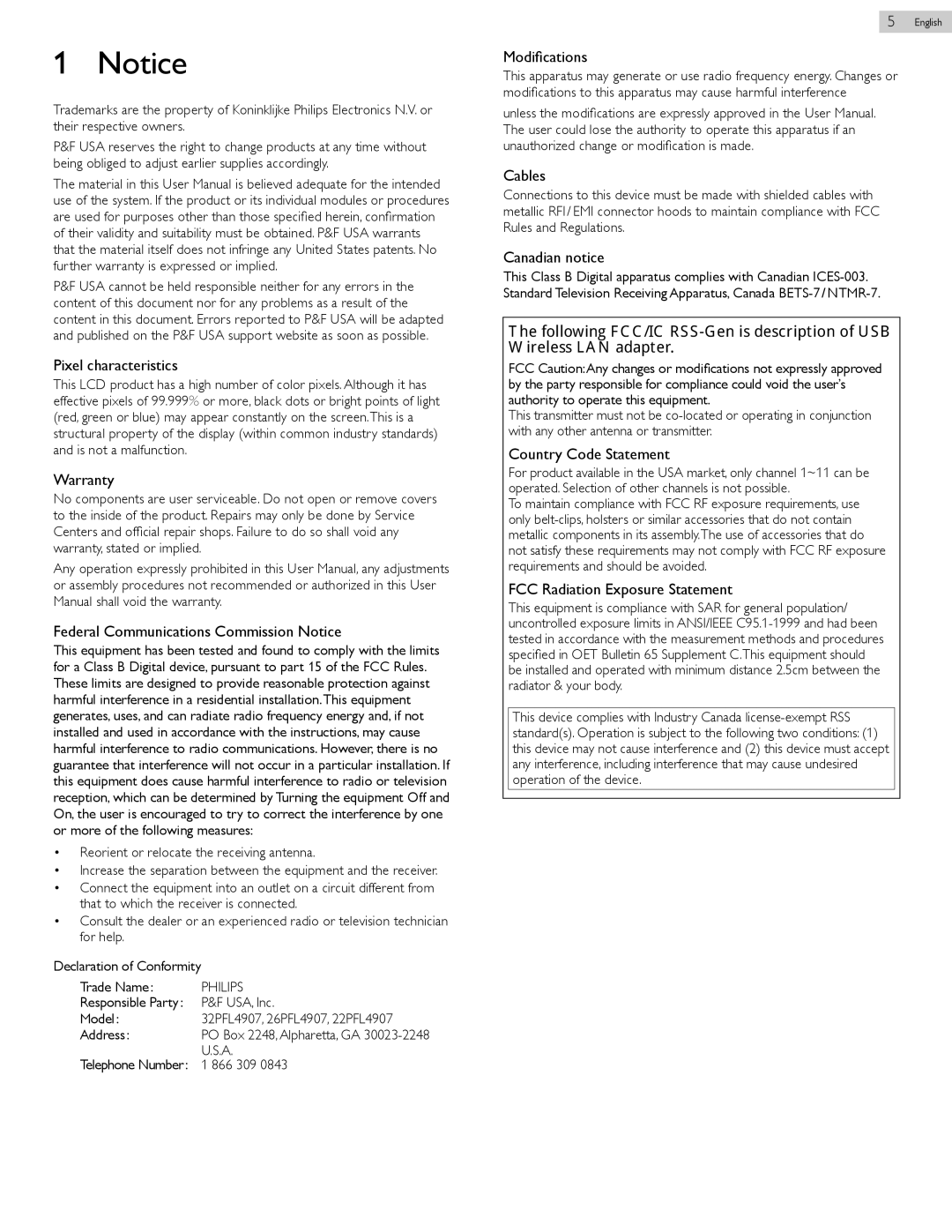 Philips 32PFL4907 Pixel characteristics, Warranty, Federal Communications Commission Notice, Modifications, Cables 