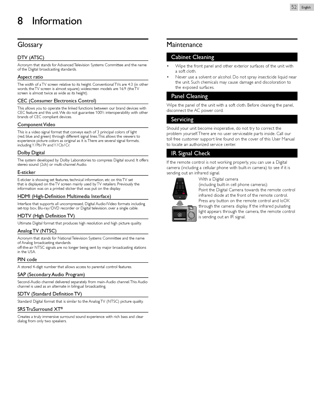 Philips 26PFL4907, 22PFL4907, 32PFL4907 user manual Information, Glossary, Maintenance 