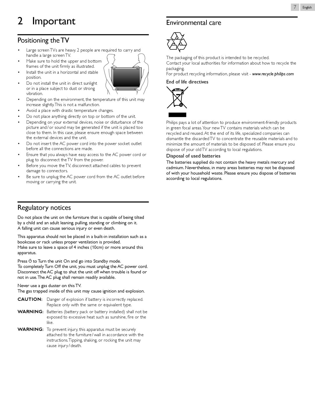 Philips 26PFL4907, 22PFL4907, 32PFL4907 Positioning the TV, Regulatory notices, Environmental care, End of life directives 