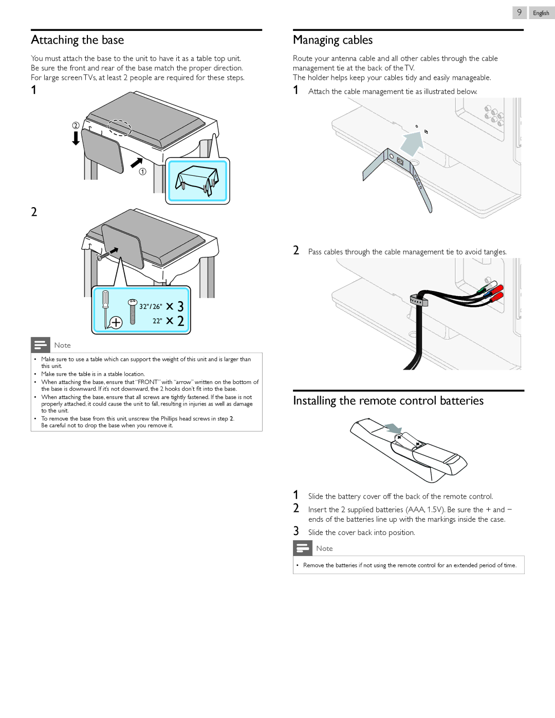 Philips 22PFL4907, 26PFL4907, 32PFL4907 Attaching the base, Managing cables, Installing the remote control batteries 