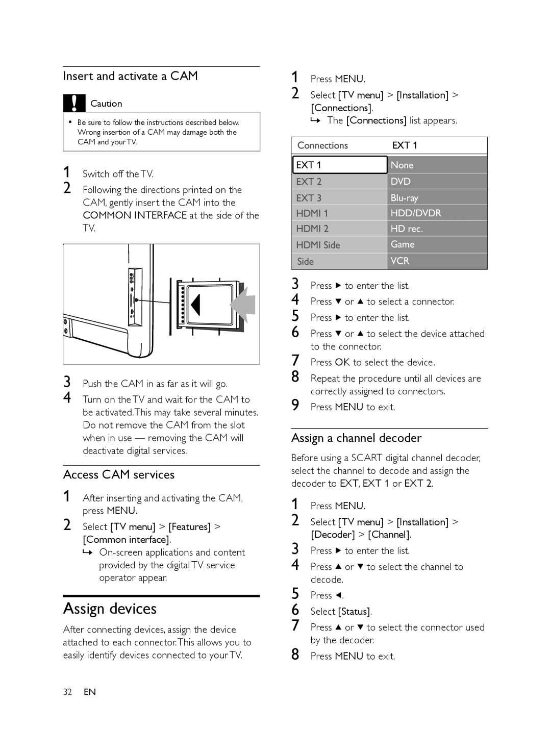 Philips 22PFL6403D/12 Assign devices, Insert and activate a CAM, Access CAM services, Assign a channel decoder, Hdmi, Side 