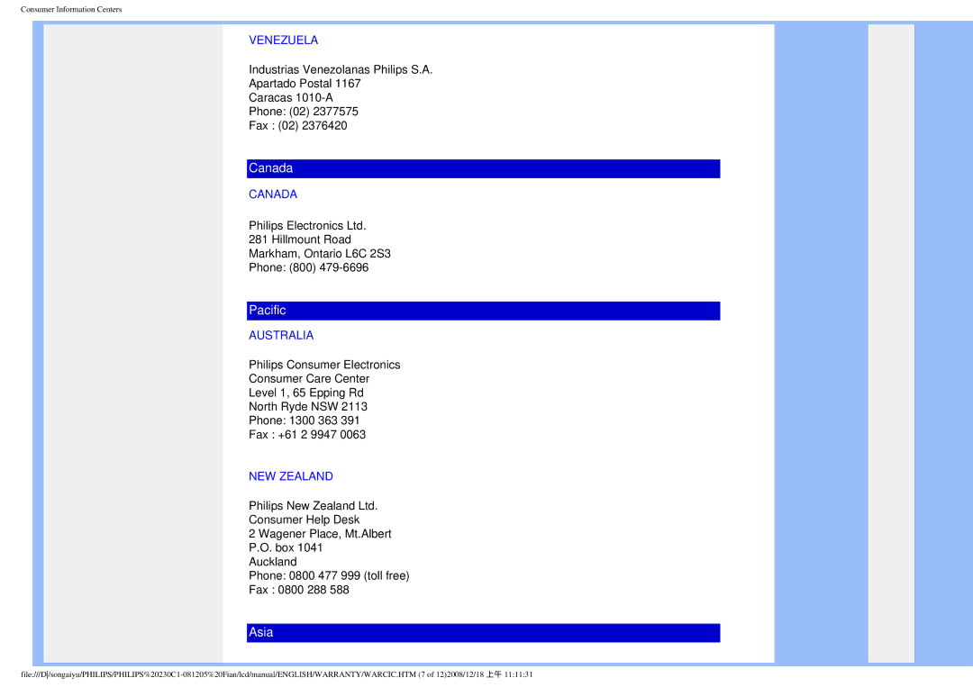 Philips 230C1 user manual Venezuela, Canada, Australia, NEW Zealand 