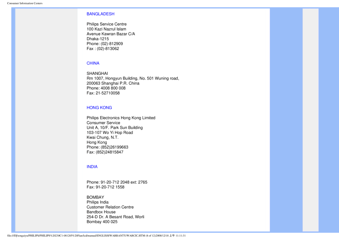 Philips 230C1 user manual Bangladesh, China, Hong Kong, India 