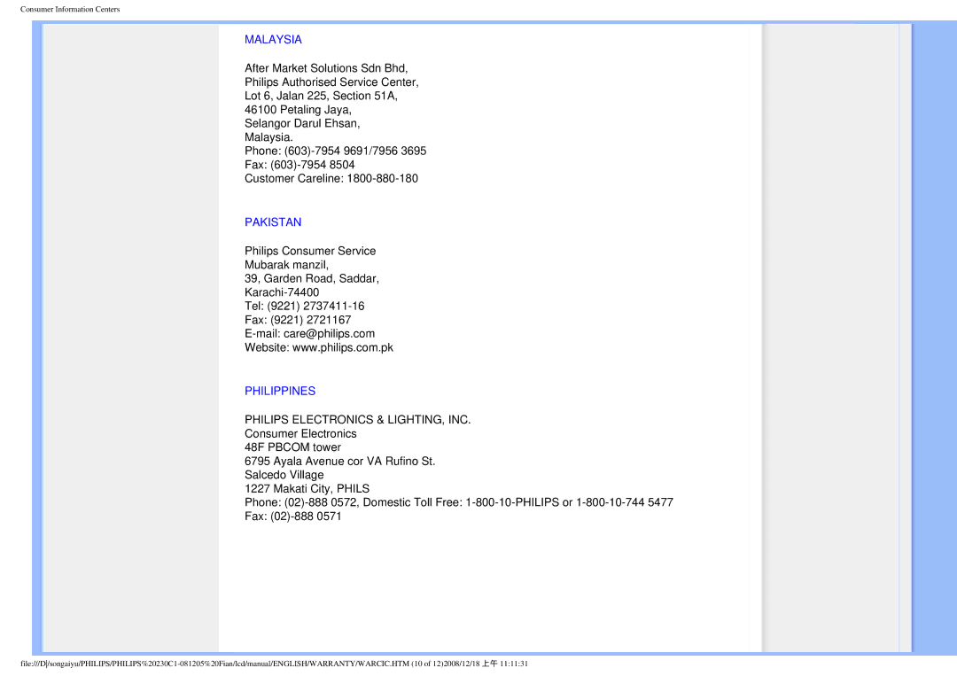 Philips 230C1 user manual Malaysia, Pakistan, Philippines 