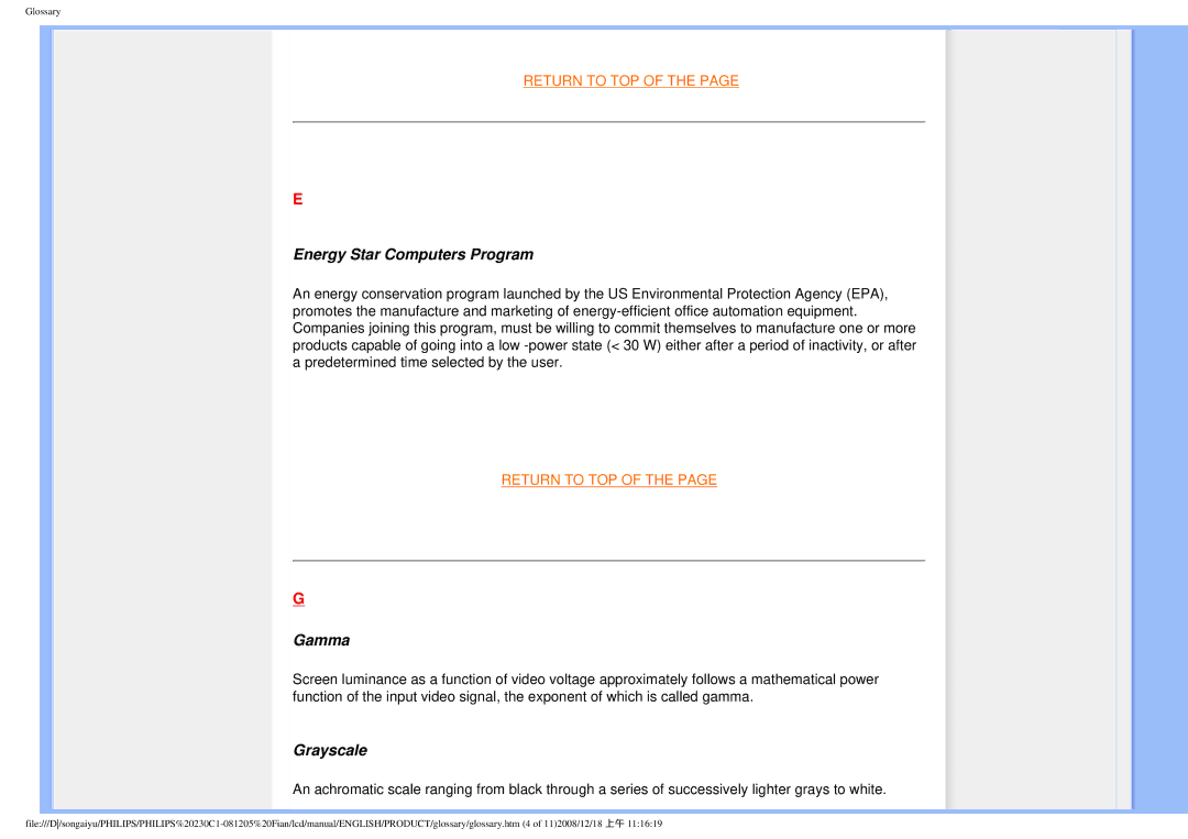 Philips 230C1 user manual Energy Star Computers Program, Gamma, Grayscale 