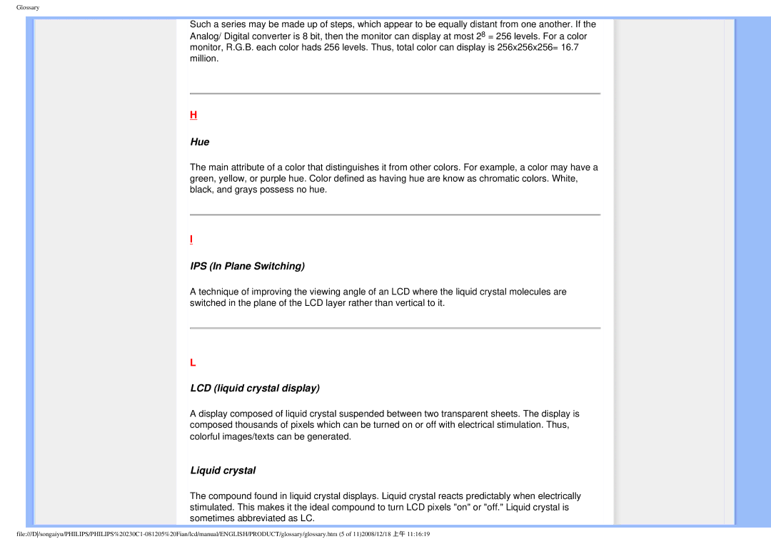 Philips 230C1 user manual Hue, IPS In Plane Switching, LCD liquid crystal display, Liquid crystal 