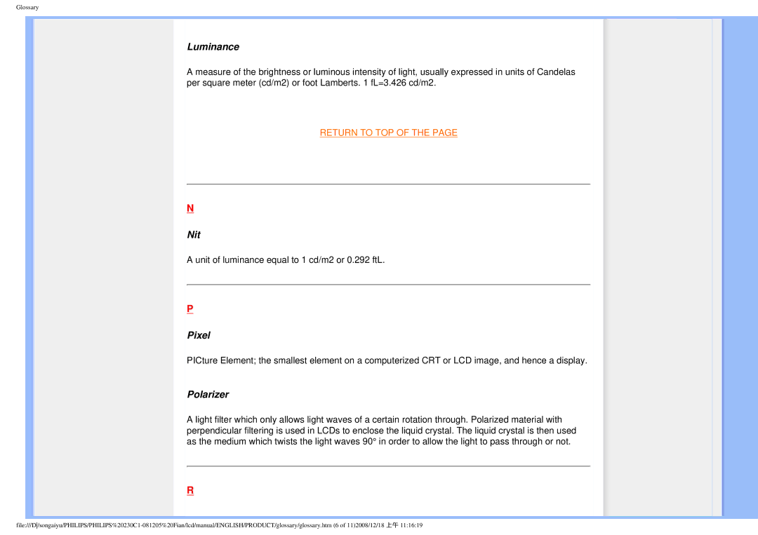 Philips 230C1 user manual Luminance, Nit, Pixel, Polarizer 