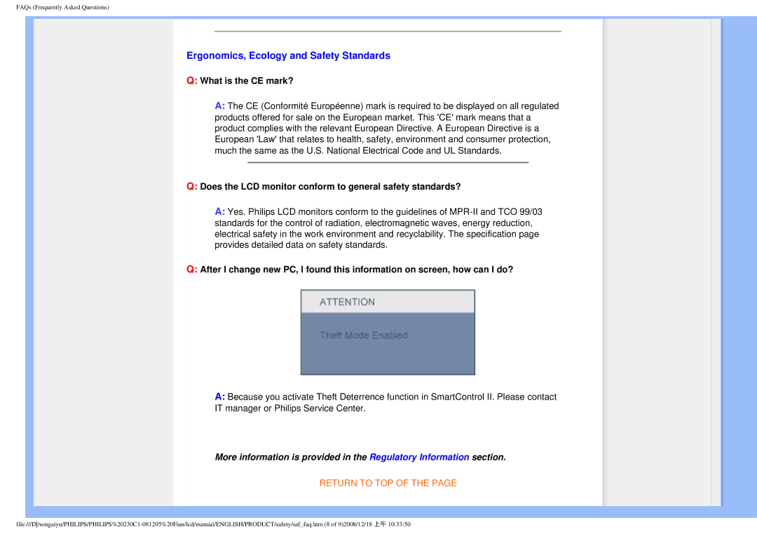 Philips 230C1 user manual Ergonomics, Ecology and Safety Standards, What is the CE mark? 