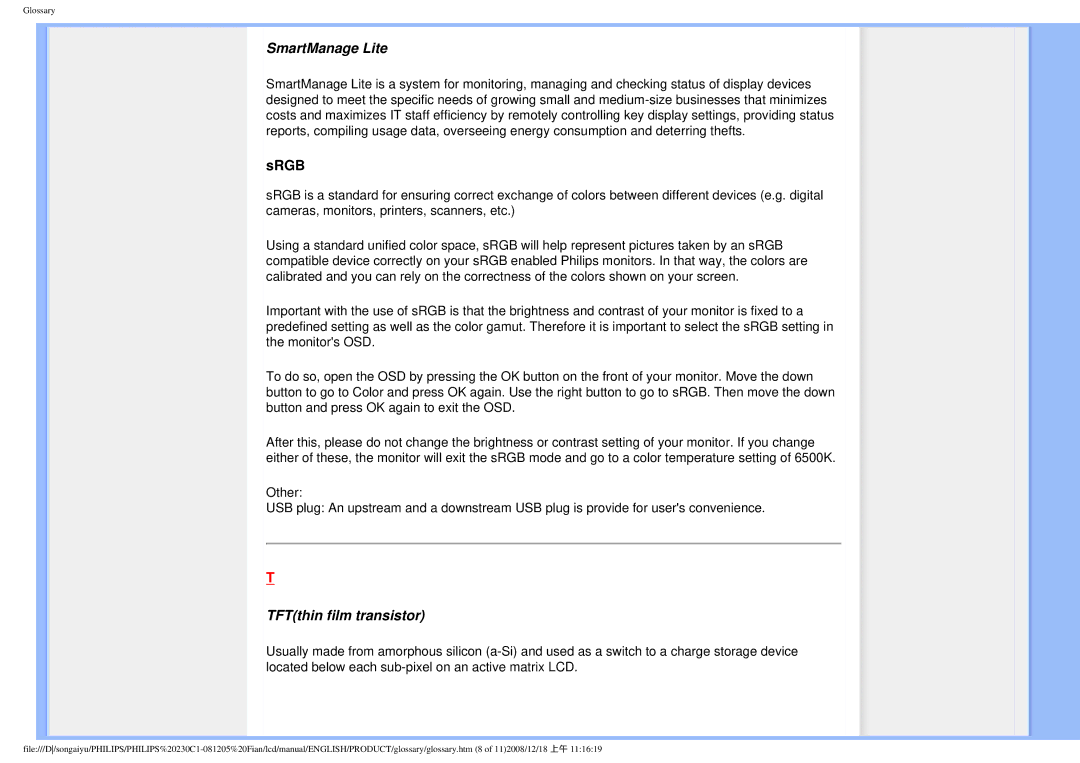 Philips 230C1 user manual SmartManage Lite, TFTthin film transistor 