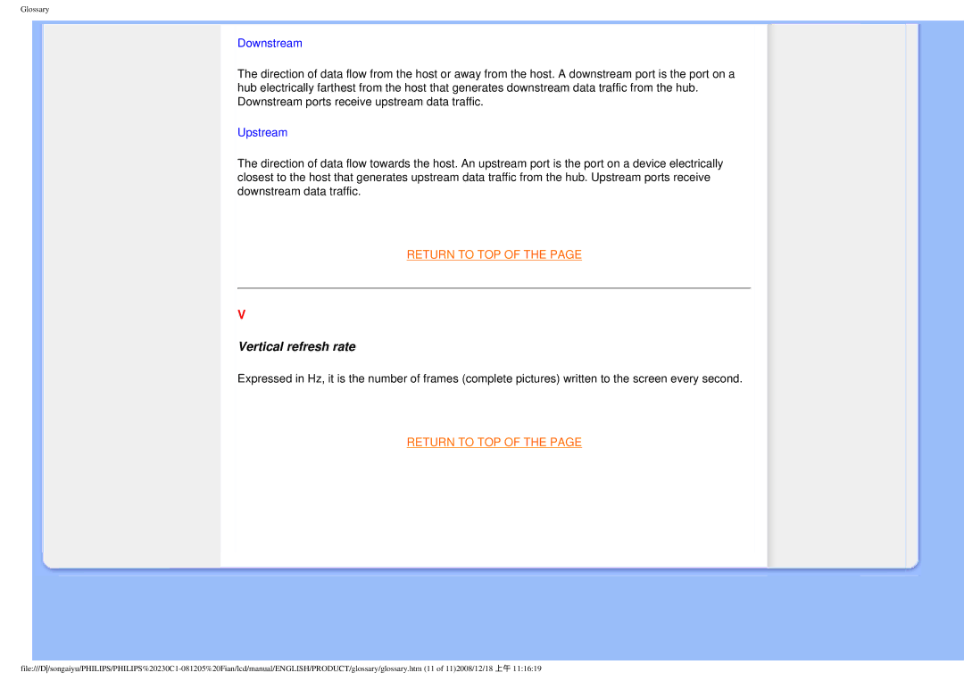 Philips 230C1 user manual Vertical refresh rate, Downstream 