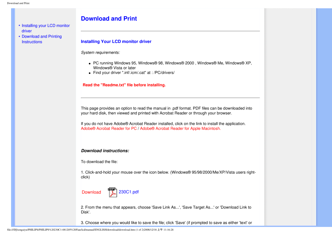 Philips 230C1 user manual Download and Print, Download instructions 