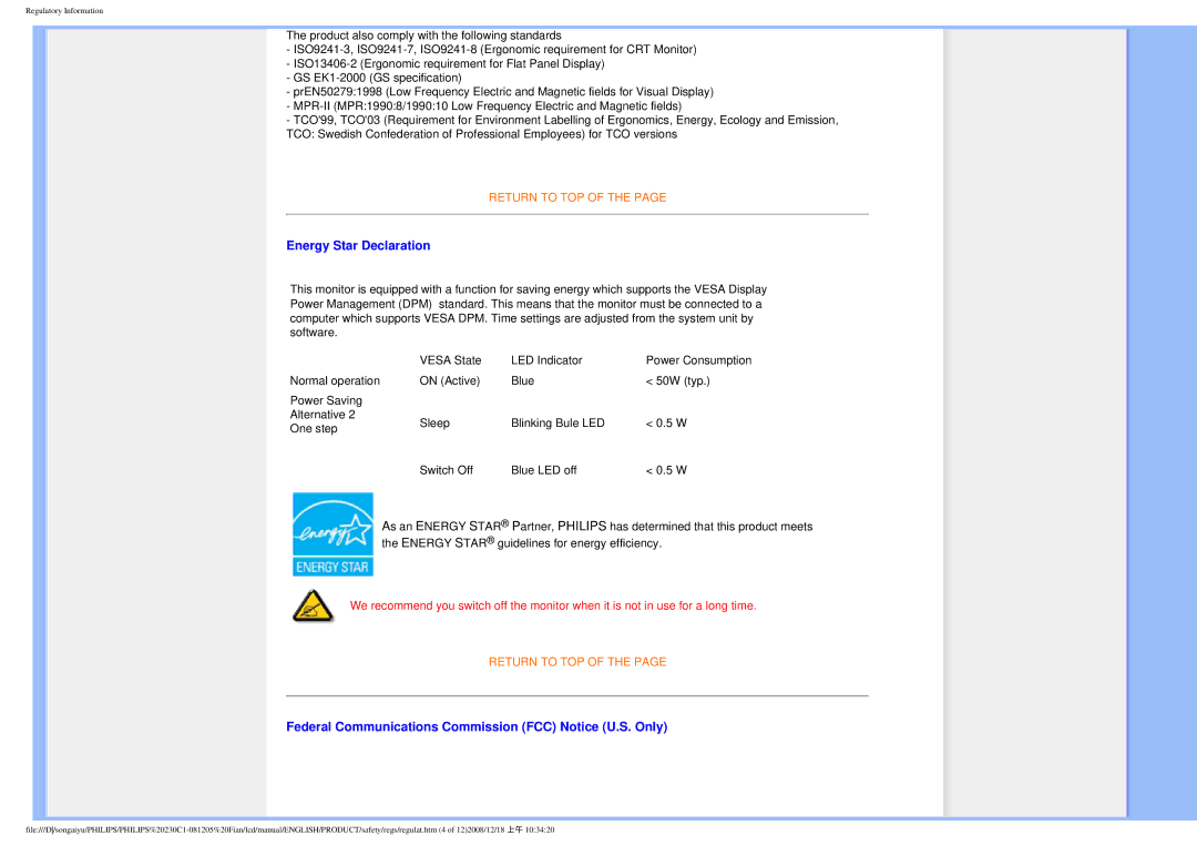 Philips 230C1 user manual Energy Star Declaration, Federal Communications Commission FCC Notice U.S. Only 