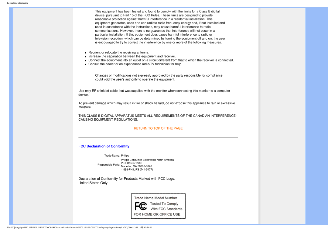 Philips 230C1 user manual FCC Declaration of Conformity 