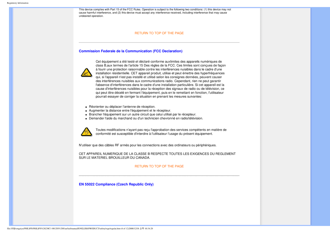 Philips 230C1 user manual Commission Federale de la Communication FCC Declaration, EN 55022 Compliance Czech Republic Only 