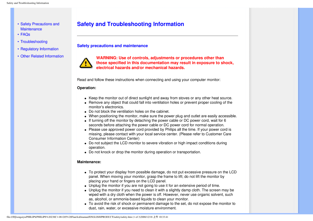 Philips 230C1 Safety and Troubleshooting Information, Safety precautions and maintenance, Operation, Maintenance 