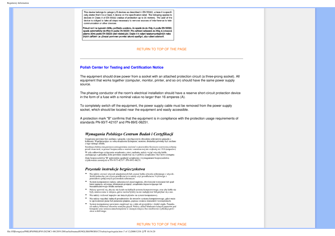Philips 230C1 user manual Polish Center for Testing and Certification Notice 