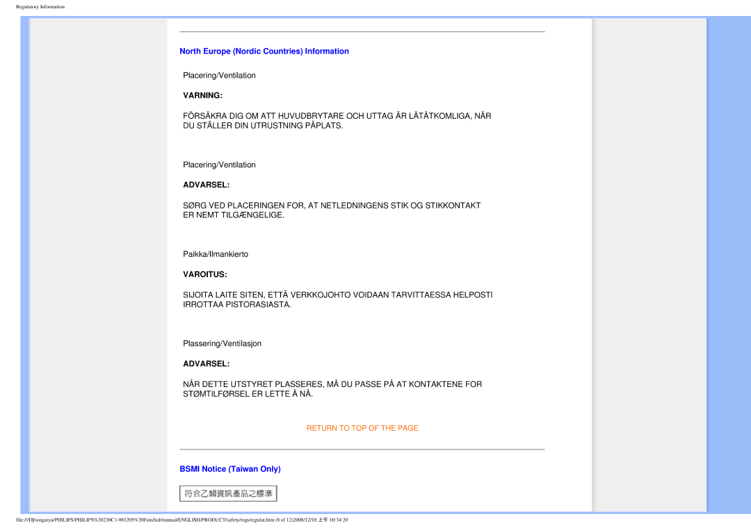 Philips 230C1 user manual North Europe Nordic Countries Information, Bsmi Notice Taiwan Only 