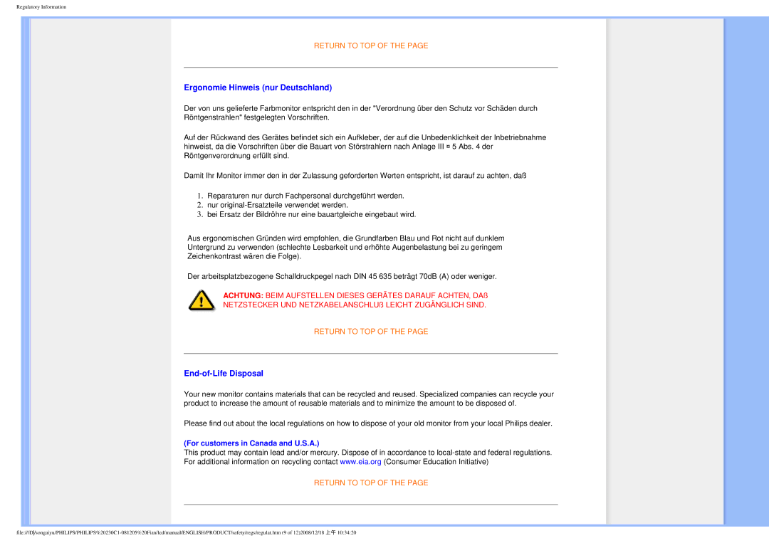 Philips 230C1 user manual Ergonomie Hinweis nur Deutschland, End-of-Life Disposal 