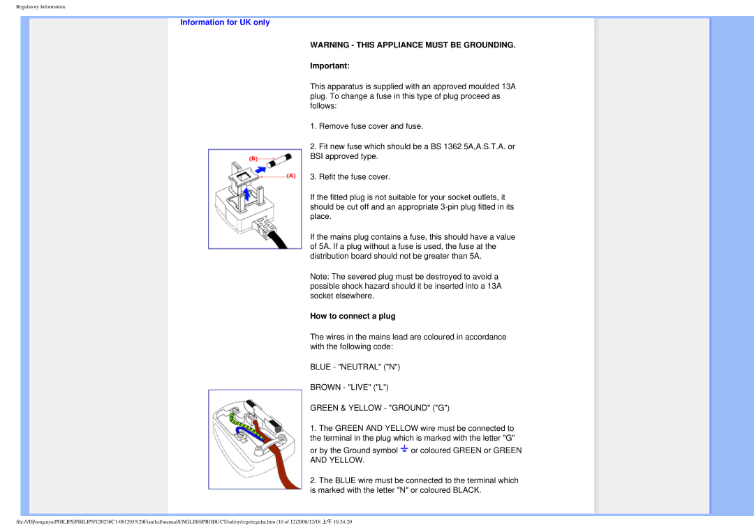 Philips 230C1 user manual Information for UK only, How to connect a plug 