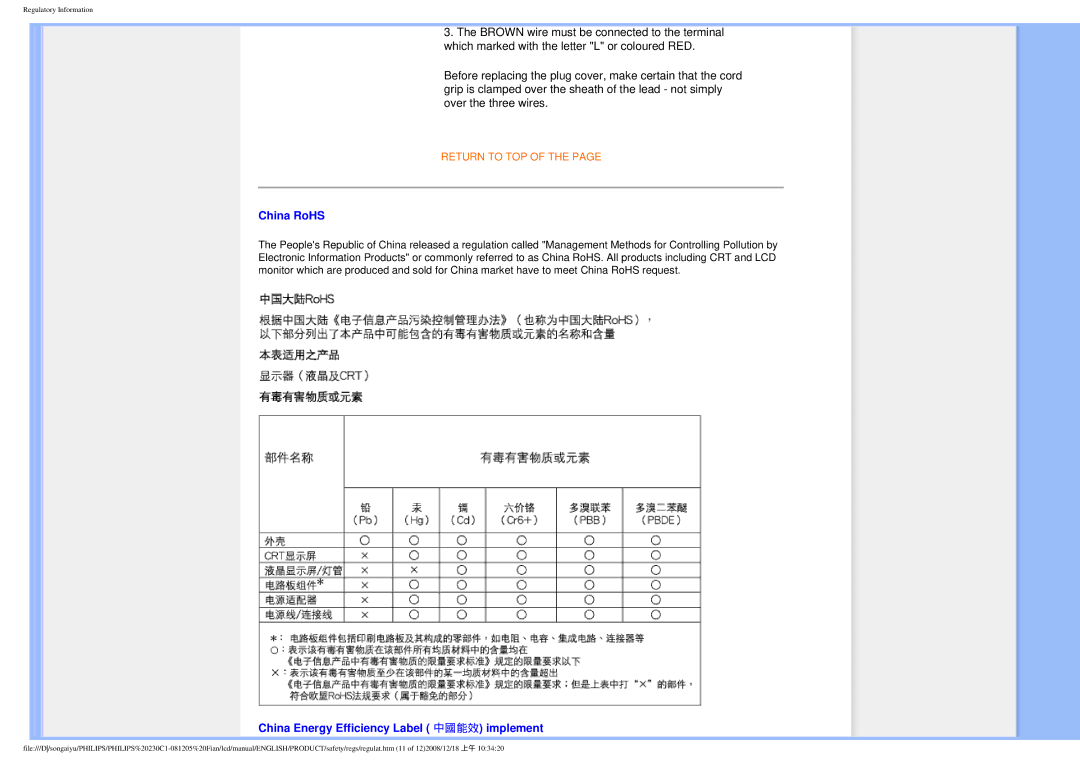 Philips 230C1 user manual China RoHS, China Energy Efficiency Label 中國能效 implement 