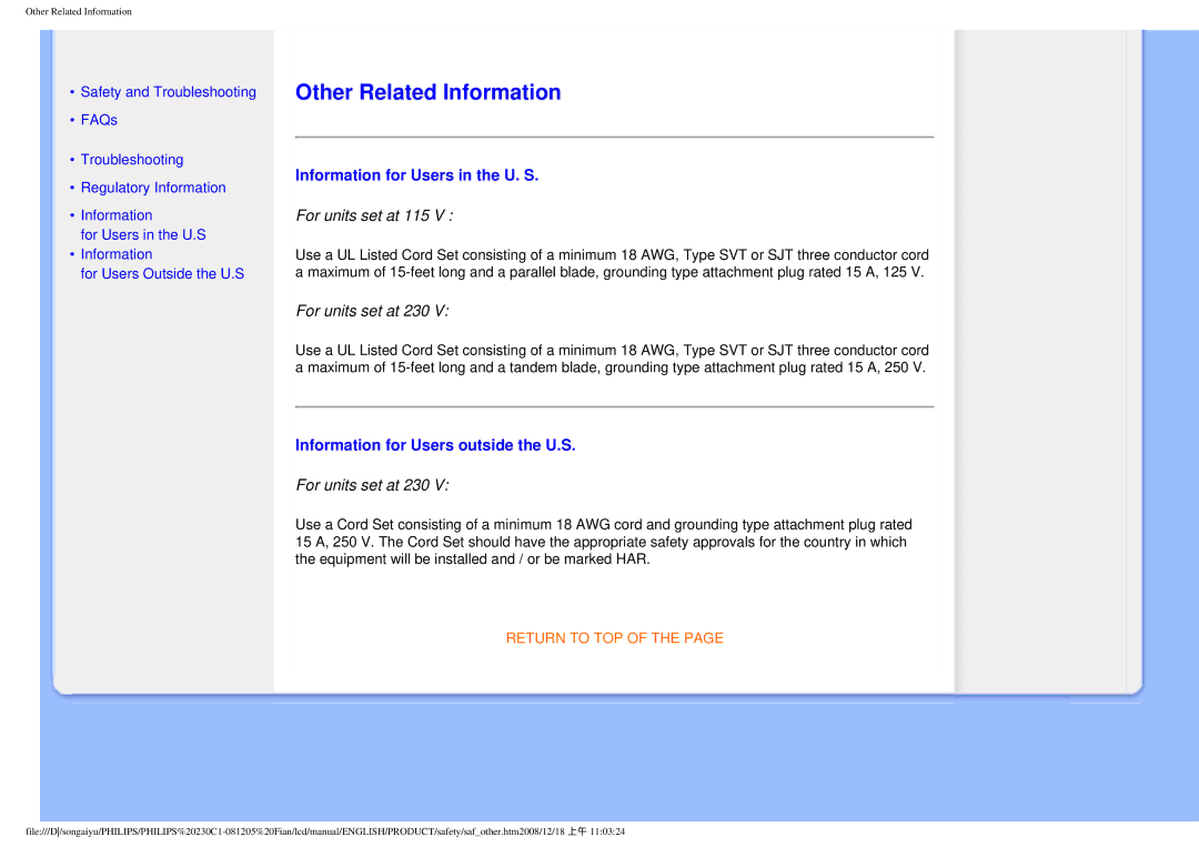 Philips 230C1 Other Related Information, Information for Users in the U. S, Information for Users outside the U.S 