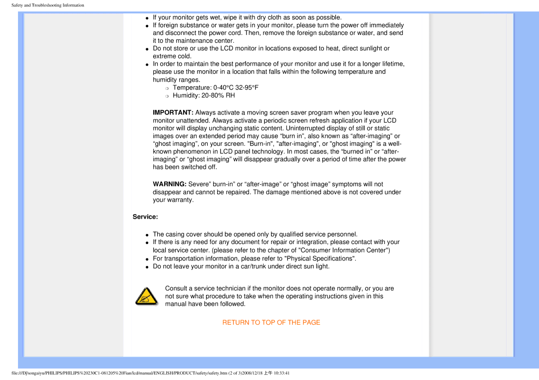 Philips 230C1 user manual Service, Return to TOP 