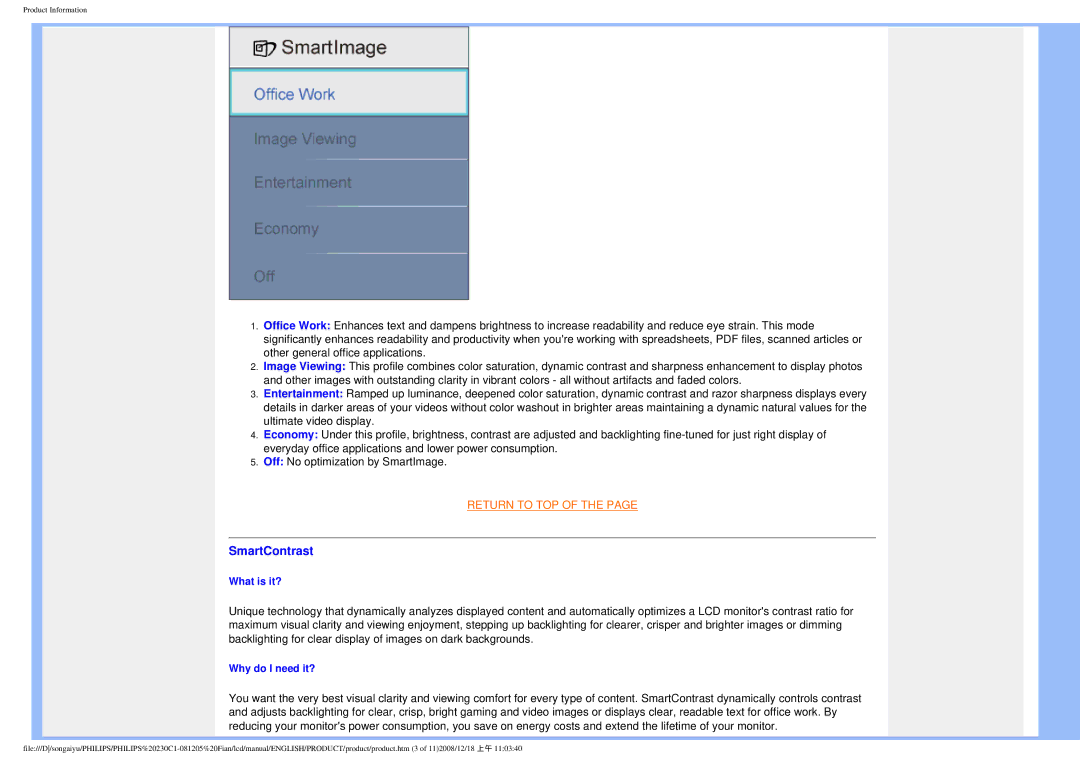 Philips 230C1 user manual SmartContrast 