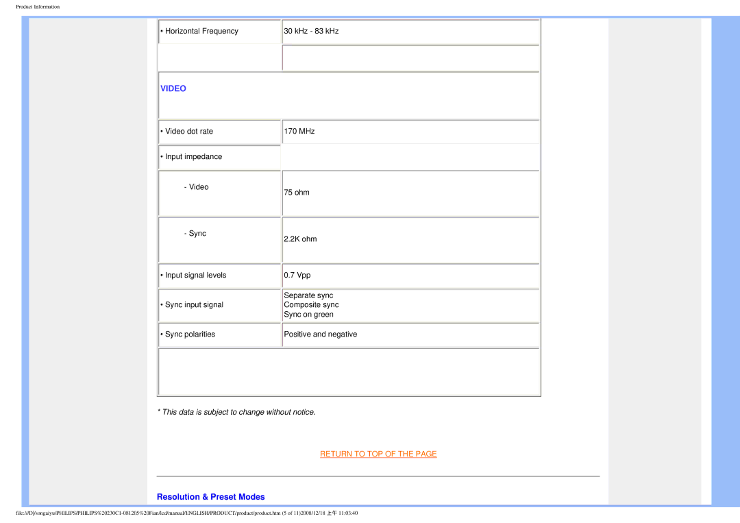 Philips 230C1 user manual Video 