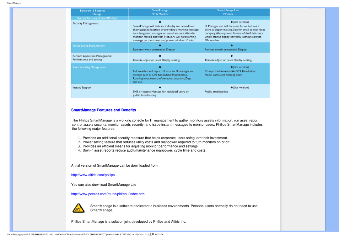 Philips 230C1 user manual SmartManage Features and Benefits 