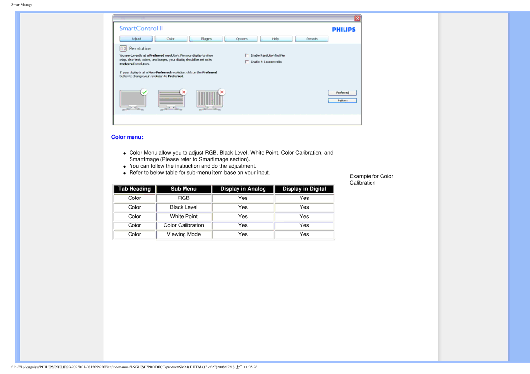 Philips 230C1 user manual Color menu 