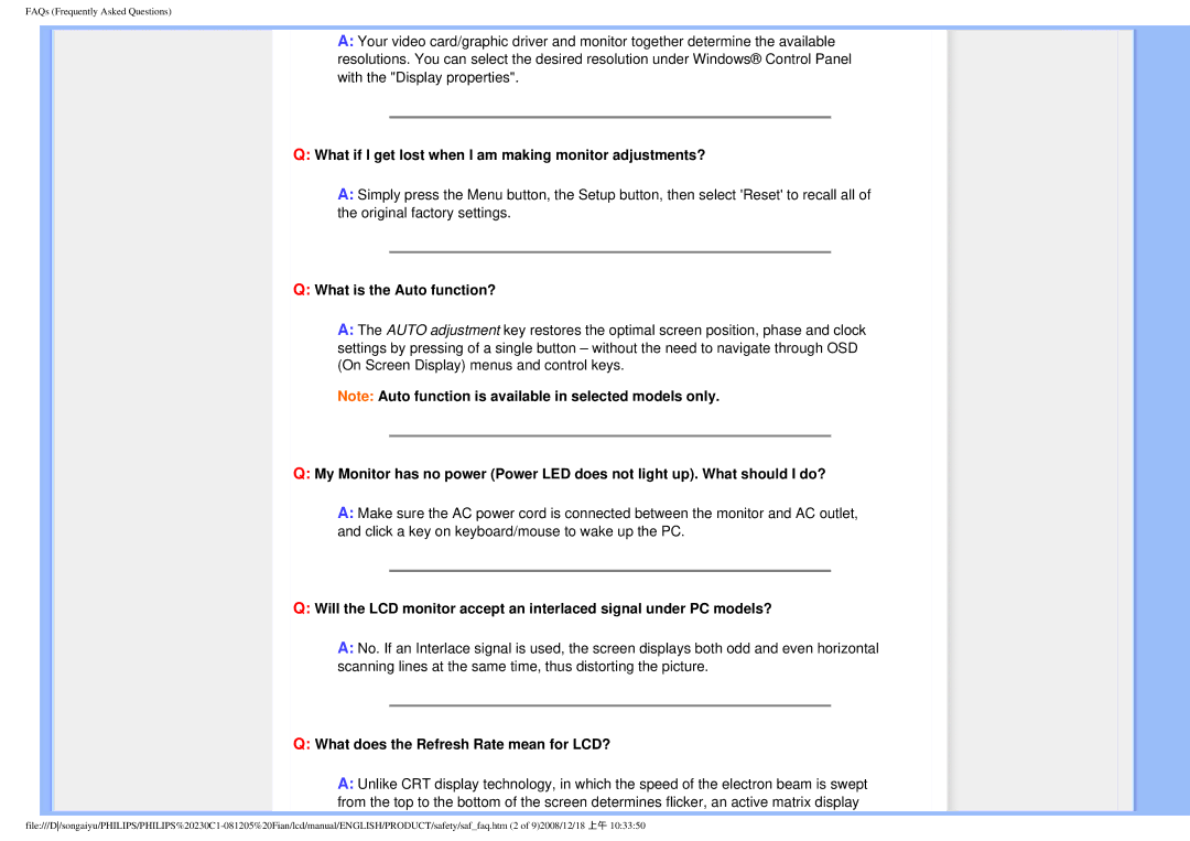 Philips 230C1 user manual What if I get lost when I am making monitor adjustments?, What is the Auto function? 