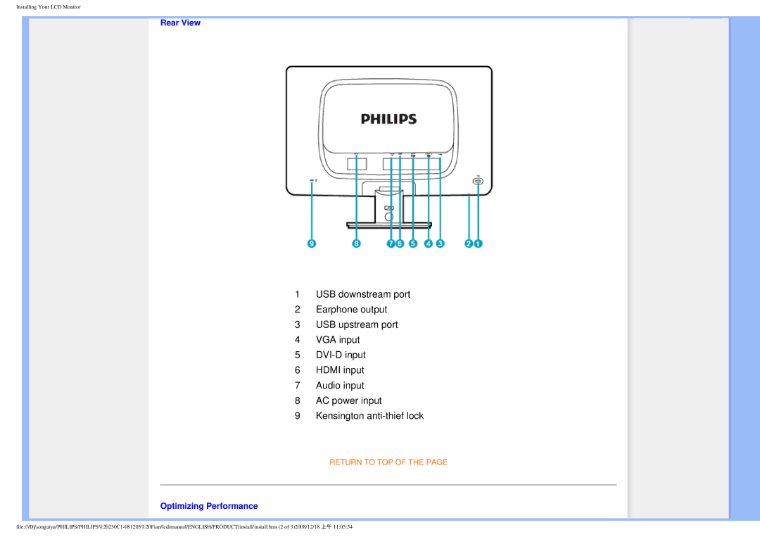 Philips 230C1 user manual Rear View, Optimizing Performance 