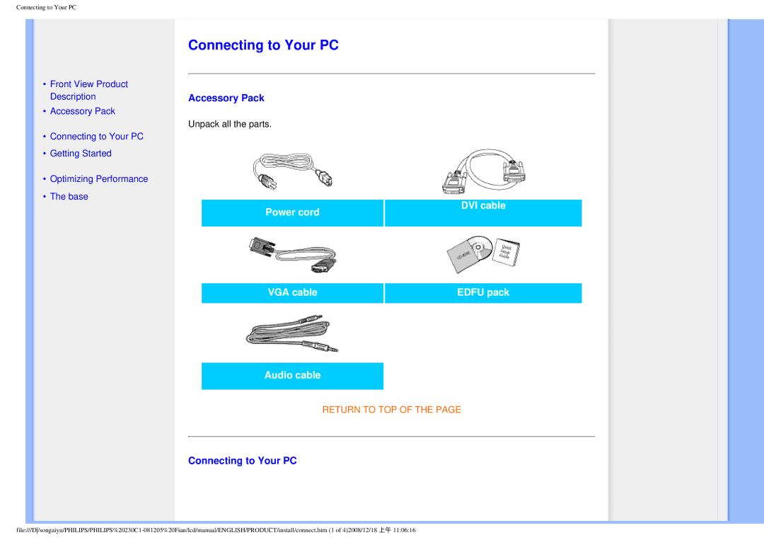 Philips 230C1 user manual Connecting to Your PC, Accessory Pack 