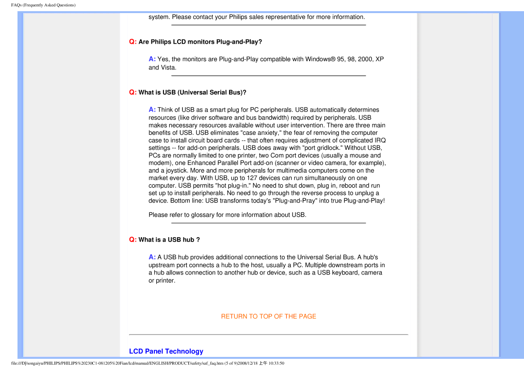 Philips 230C1 user manual LCD Panel Technology, Are Philips LCD monitors Plug-and-Play?, What is USB Universal Serial Bus? 