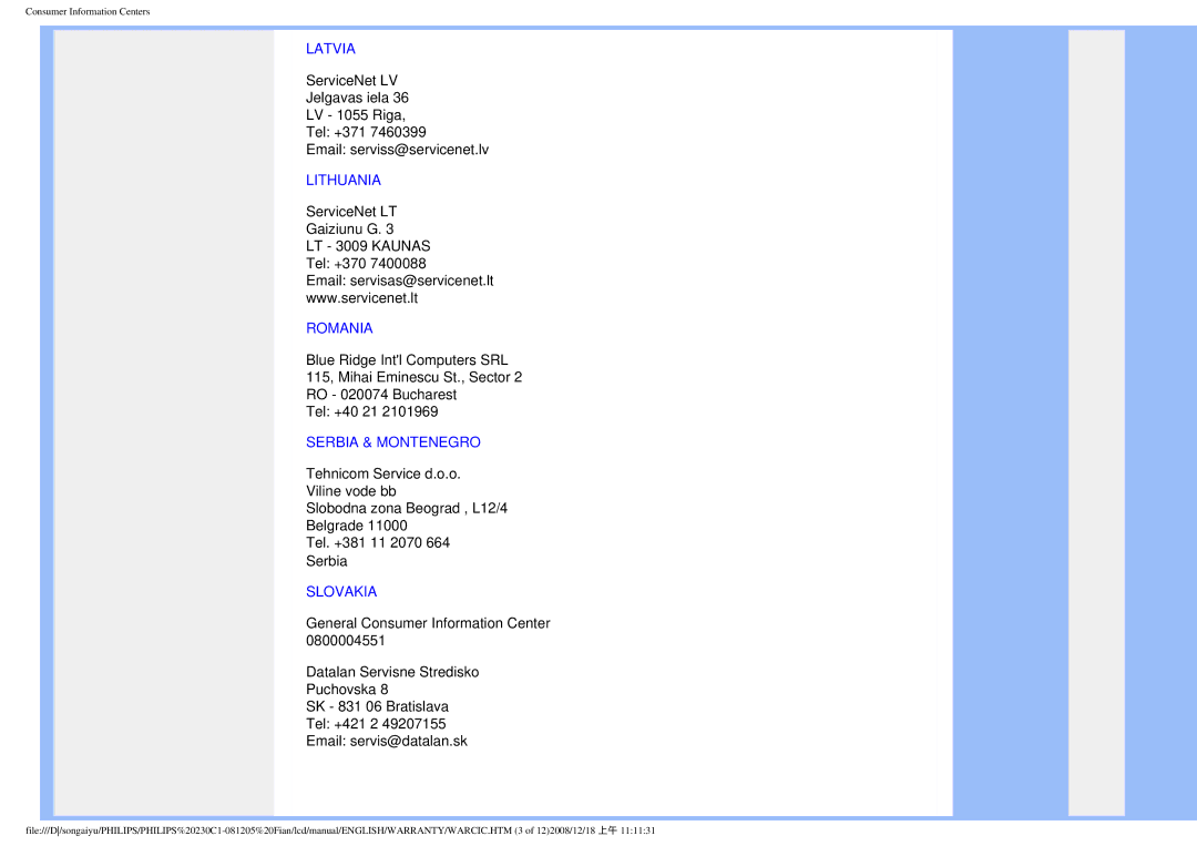 Philips 230C1 user manual Latvia, Lithuania, Romania, Serbia & Montenegro, Slovakia 