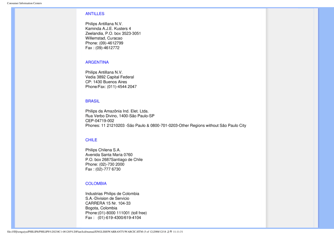 Philips 230C1 user manual Antilles, Argentina, Brasil, Chile, Colombia 