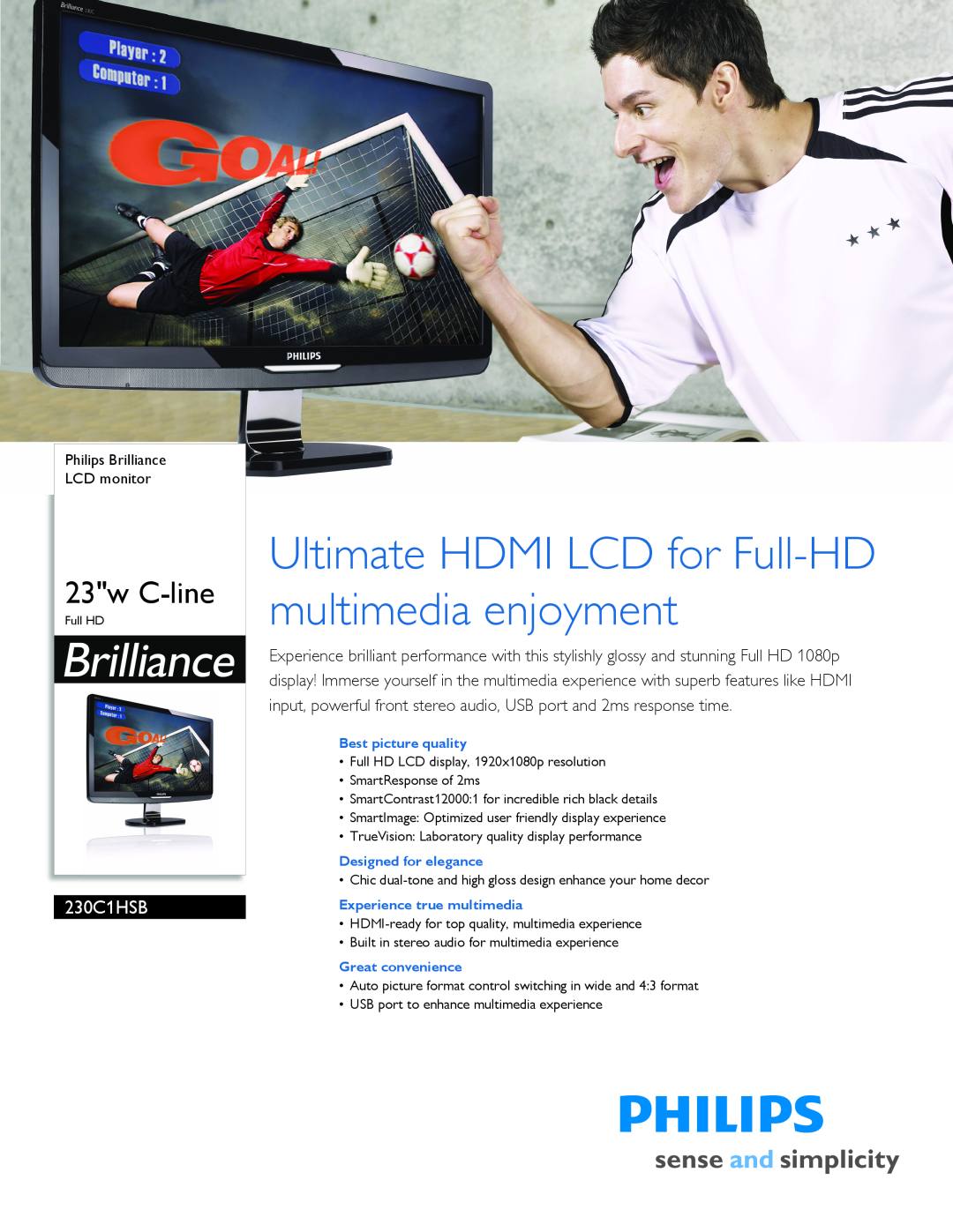 Philips 230C1HSB manual Philips Brilliance LCD monitor, Best picture quality, Designed for elegance, Great convenience 