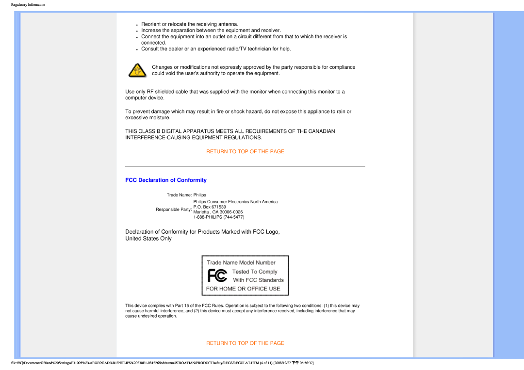 Philips 2.30E+03 user manual FCC Declaration of Conformity, United States Only, Return To Top Of The Page 