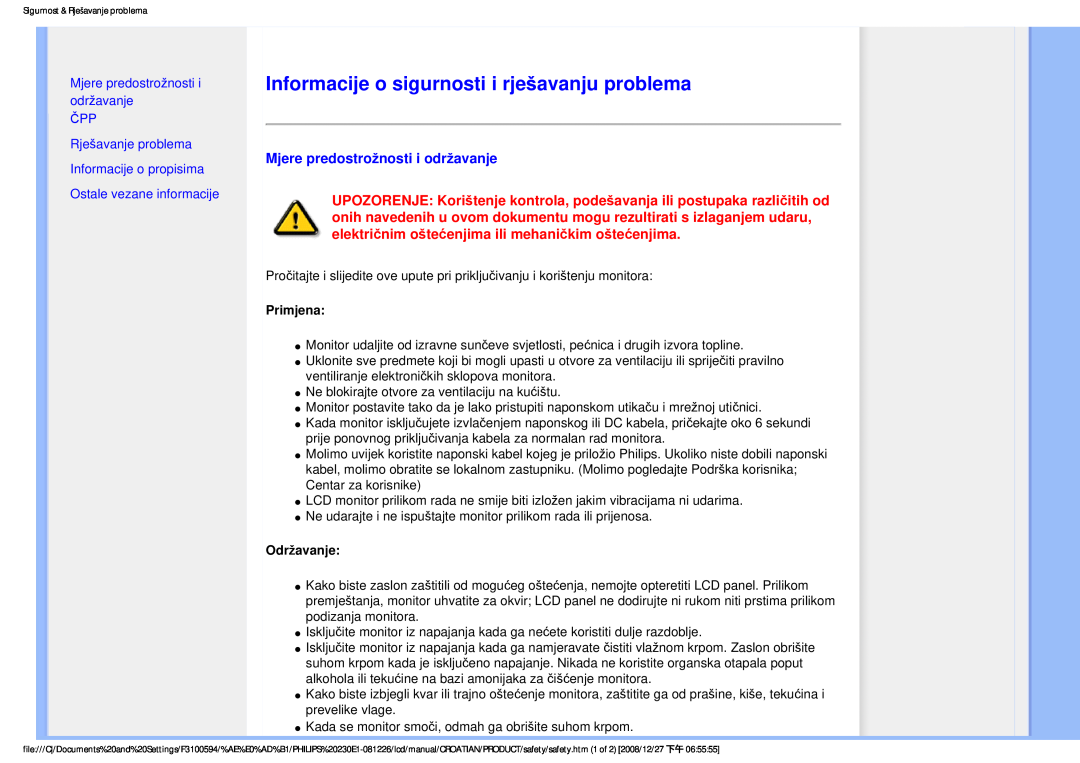 Philips 2.30E+03 user manual Informacije o sigurnosti i rješavanju problema, Mjere predostrožnosti i održavanje 