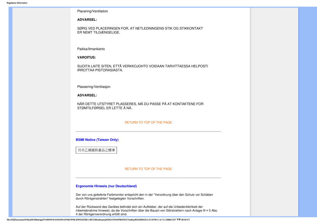 Philips 2.30E+03 user manual Advarsel, Varoitus, BSMI Notice Taiwan Only, Ergonomie Hinweis nur Deutschland 