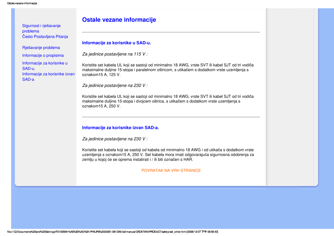 Philips 2.30E+03 user manual Ostale vezane informacije, Informacije za korisnike u SAD-u, Za jedinice postavljene na 