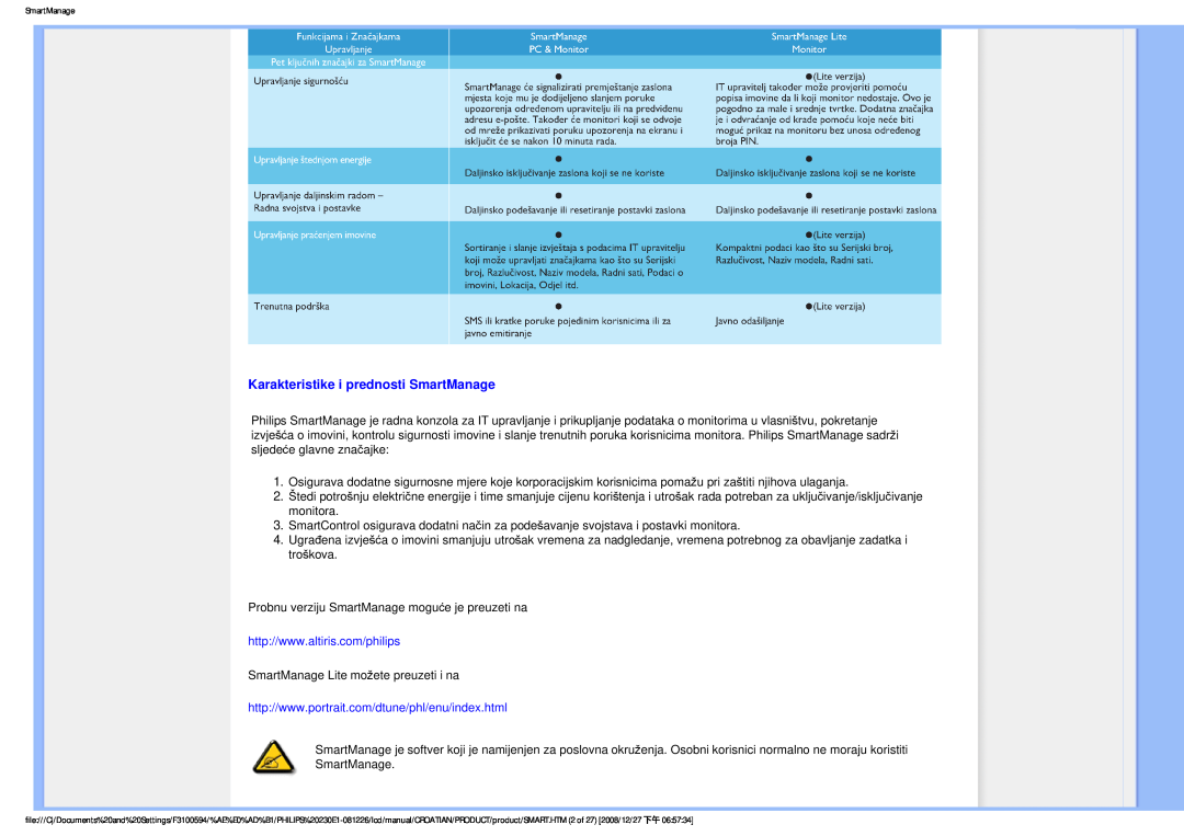 Philips 2.30E+03 user manual Karakteristike i prednosti SmartManage 
