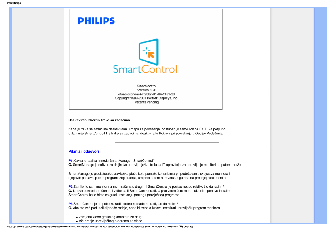 Philips 2.30E+03 user manual Pitanja i odgovori, Deaktiviran izbornik trake sa zadacima 
