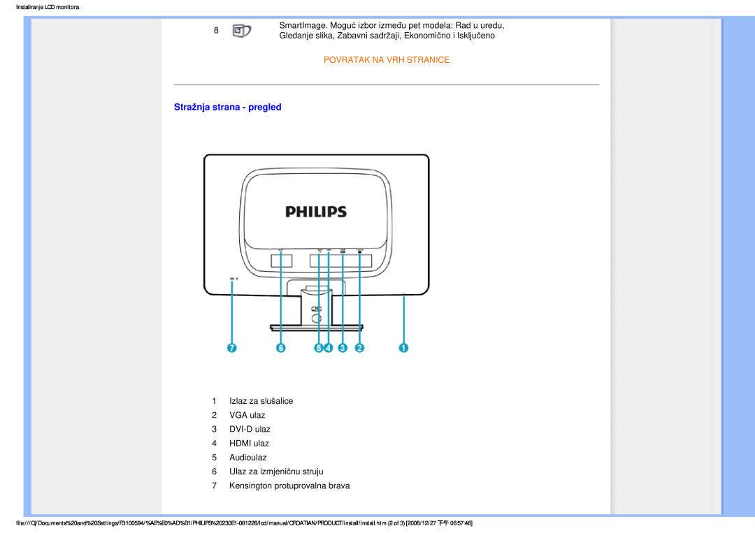 Philips 2.30E+03 user manual Stražnja strana - pregled, Povratak Na Vrh Stranice, 1Izlaz za slušalice 2VGA ulaz 3DVI-Dulaz 
