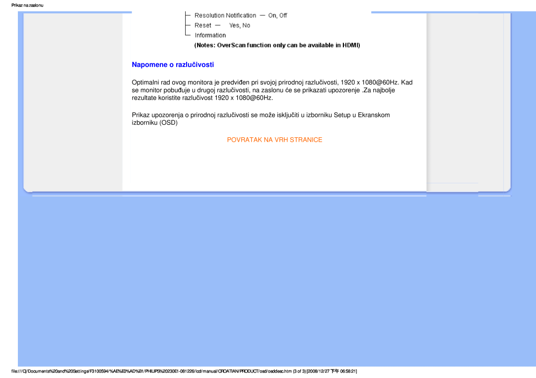 Philips 2.30E+03 user manual Napomene o razlučivosti, Povratak Na Vrh Stranice, Prikaz na zaslonu 
