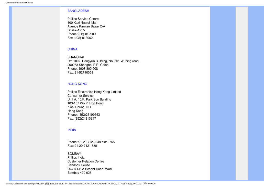 Philips 2.30E+03 user manual Bangladesh, China, Hong Kong, India 