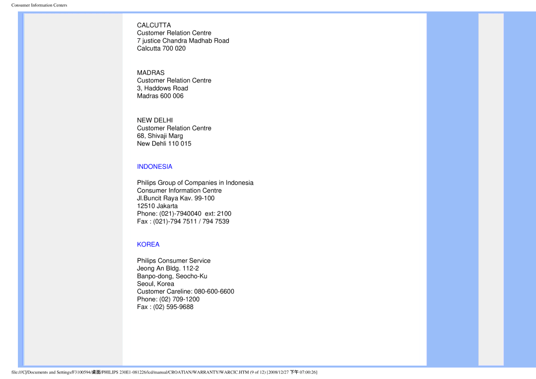 Philips 2.30E+03 user manual Indonesia, Korea 