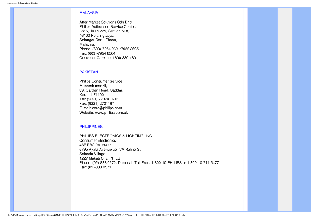 Philips 2.30E+03 user manual Malaysia, Pakistan, Philippines 